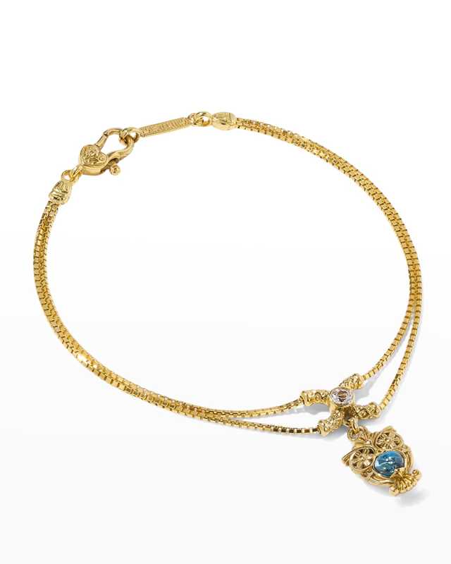 18K Yellow Gold White Sapphire and Topaz Owl Charm Bracelet
